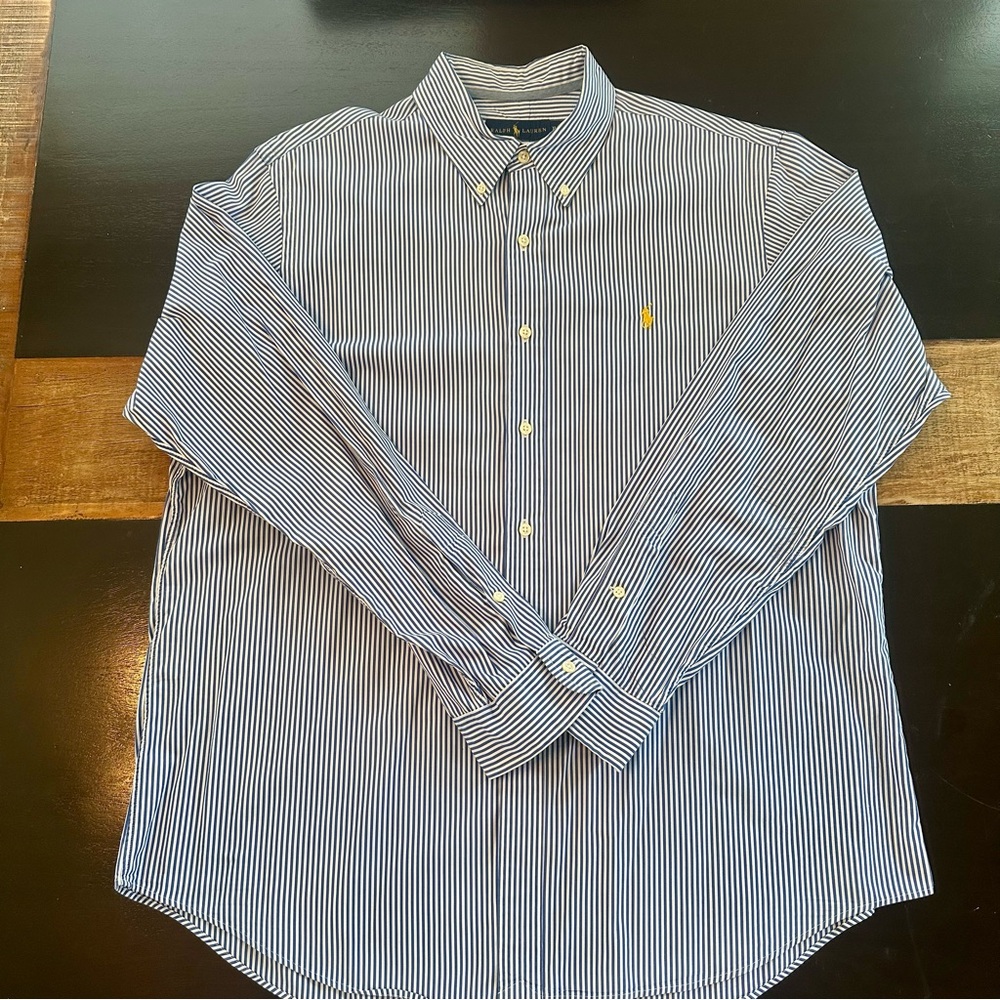 Ralph Lauren Classic Fit Blue Stripe Poplin Long Sleeve Woven Shirt XL.